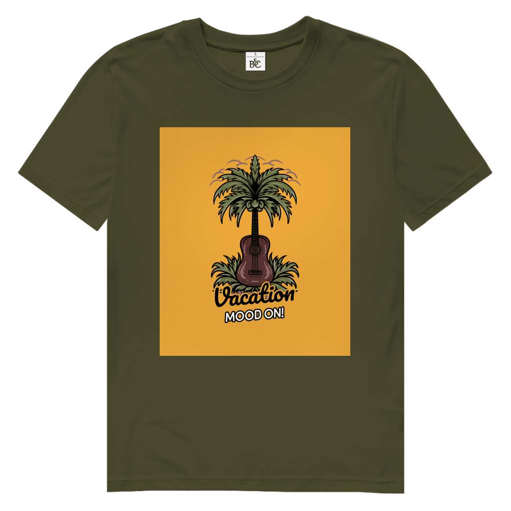 Khaki-Farbenes TShirt mit rechteckigem gelbem Print. Design: Gitarre als Kokospalme im Gras.