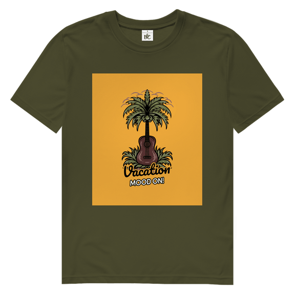 Khaki-Farbenes TShirt mit rechteckigem gelbem Print. Design: Gitarre als Kokospalme im Gras.