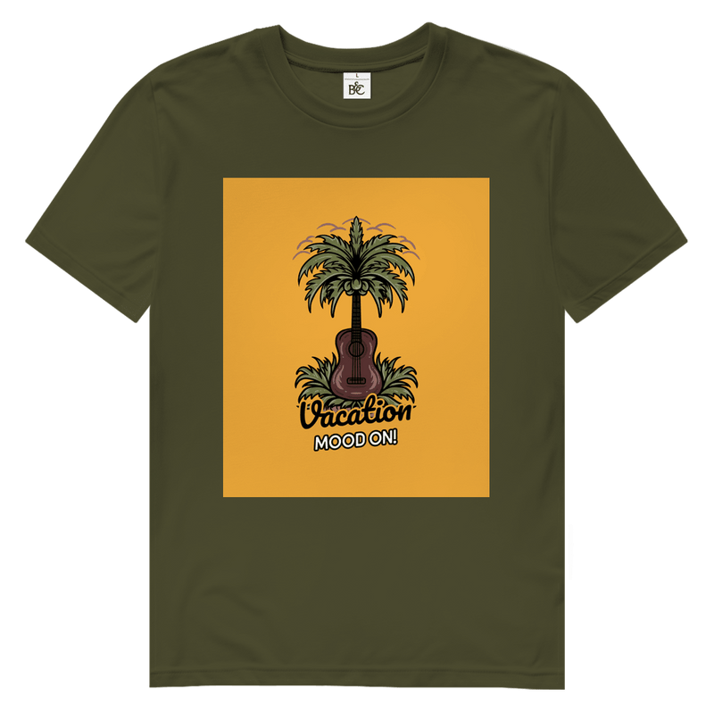 Khaki-Farbenes TShirt mit rechteckigem gelbem Print. Design: Gitarre als Kokospalme im Gras.