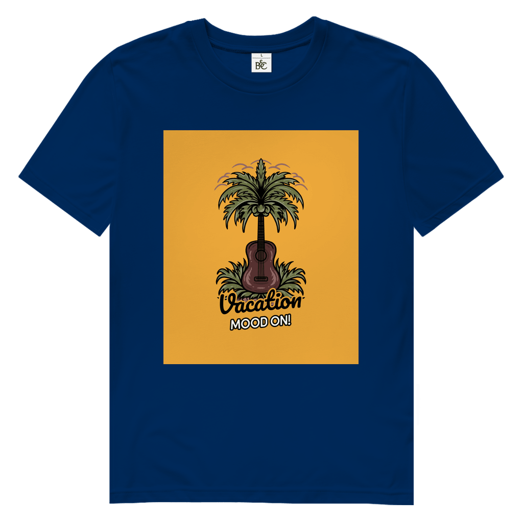 Dunkelblaues TShirt mit rechteckigem gelbem Print. Design: Gitarre als Kokospalme im Gras.