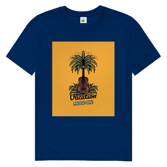 Dunkelblaues TShirt mit rechteckigem gelbem Print. Design: Gitarre als Kokospalme im Gras.