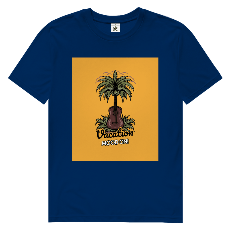 Dunkelblaues TShirt mit rechteckigem gelbem Print. Design: Gitarre als Kokospalme im Gras.