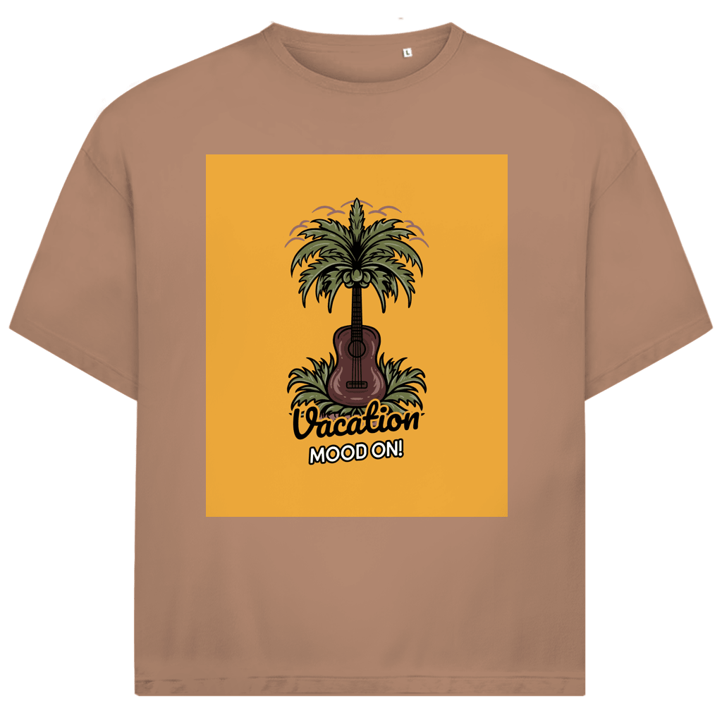 Erdfarbenes TShirt mit rechteckigem gelbem Print. Design: Gitarre als Kokospalme im Gras.