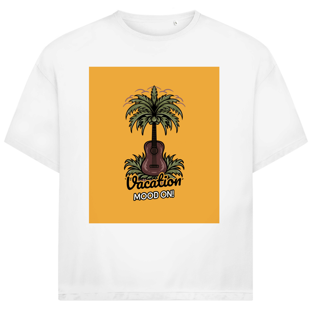 Weises TShirt mit rechteckigem gelbem Print. Design: Gitarre als Kokospalme im Gras.