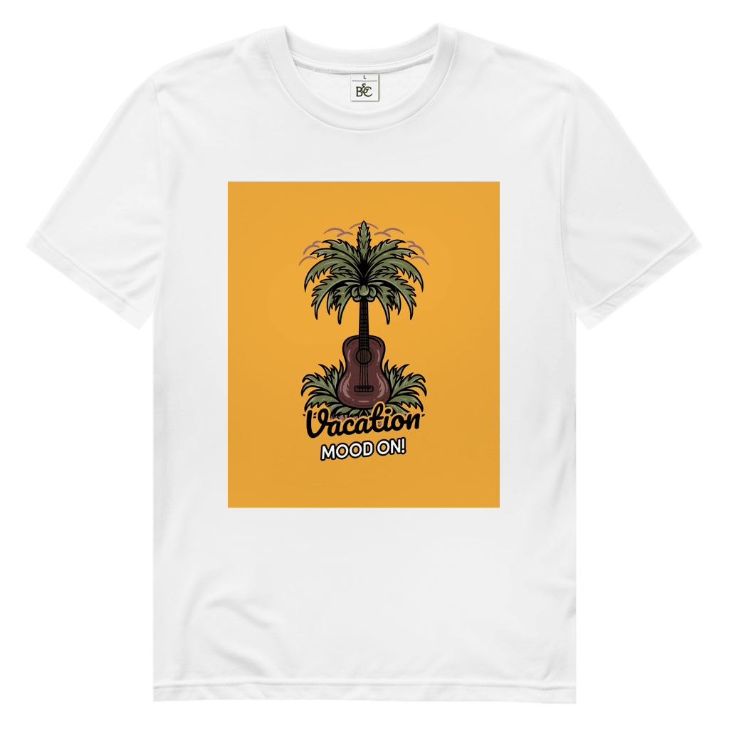 Weisses TShirt mit rechteckigem gelbem Print. Design: Gitarre als Kokospalme im Gras.