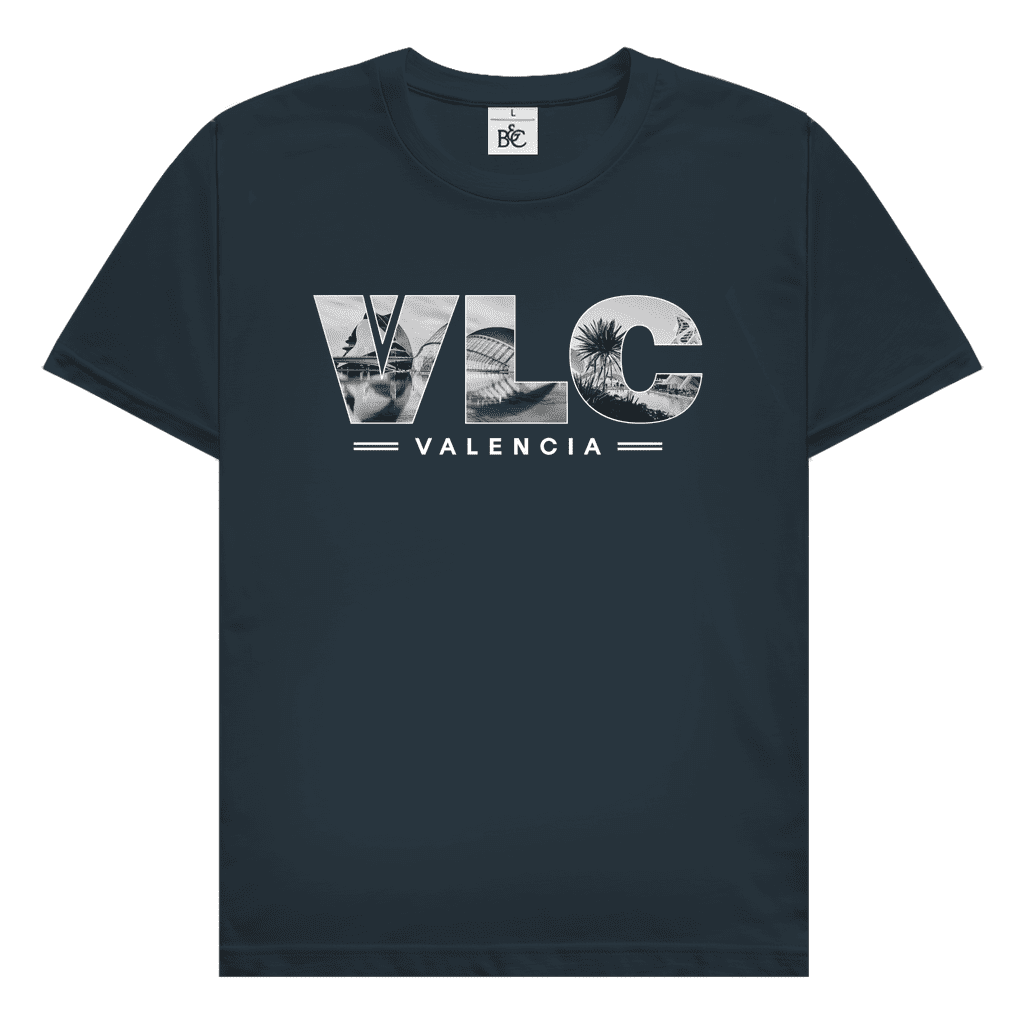 Dunkelgraues TShirt mit drei Buchstaben des Flughafencode. Als Overlay der Buchstaben liegt ein Bild von Valencia.