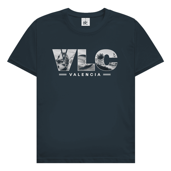 Dunkelgraues TShirt mit drei Buchstaben des Flughafencode. Als Overlay der Buchstaben liegt ein Bild von Valencia.