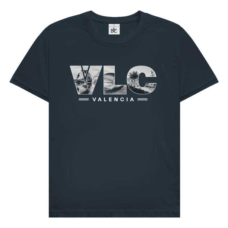 Dunkelgraues TShirt mit drei Buchstaben des Flughafencode. Als Overlay der Buchstaben liegt ein Bild von Valencia.