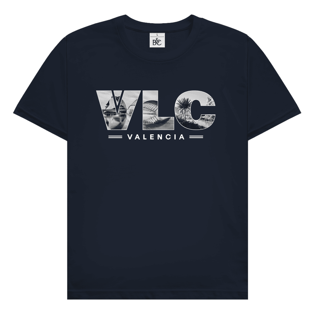 Dunkelblaues TShirt mit drei Buchstaben des Flughafencode. Als Overlay der Buchstaben liegt ein Bild von Valencia.