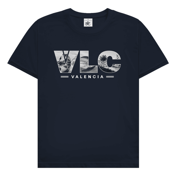 Dunkelblaues TShirt mit drei Buchstaben des Flughafencode. Als Overlay der Buchstaben liegt ein Bild von Valencia.