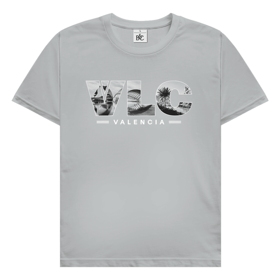 Hellgraues TShirt mit drei Buchstaben des Flughafencode. Als Overlay der Buchstaben liegt ein Bild von Valencia.