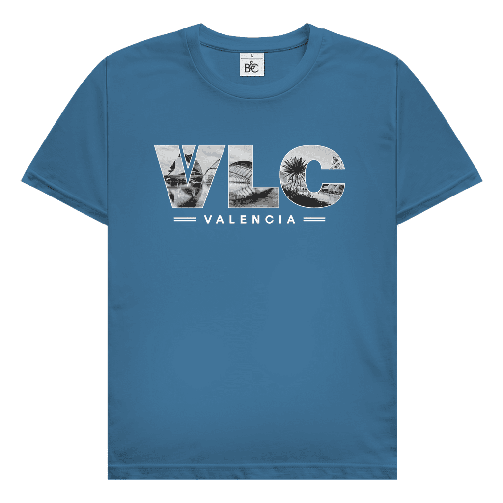 Graublaues TShirt mit drei Buchstaben des Flughafencode. Als Overlay der Buchstaben liegt ein Bild von Valencia.