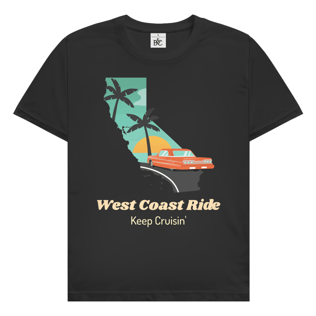 West Coast Ride Design mit Kalifornien-Silhouette, Retro Auto, Palmen und Schriftzug Keep Cruisin.