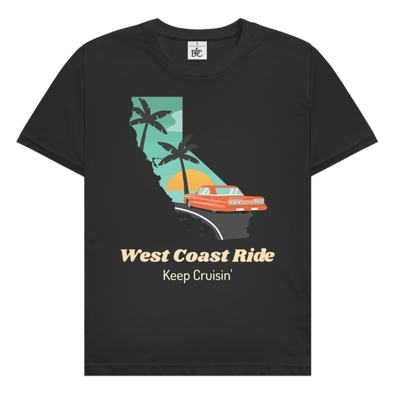 West Coast Ride Design mit Kalifornien-Silhouette, Retro Auto, Palmen und Schriftzug Keep Cruisin.