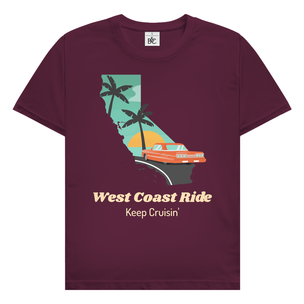 West Coast Ride Design mit Kalifornien-Silhouette, Retro Auto, Palmen und Schriftzug Keep Cruisin.