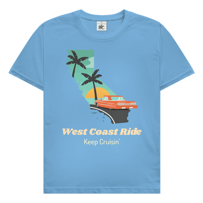 West Coast Ride Design mit Kalifornien-Silhouette, Retro Auto, Palmen und Schriftzug Keep Cruisin.