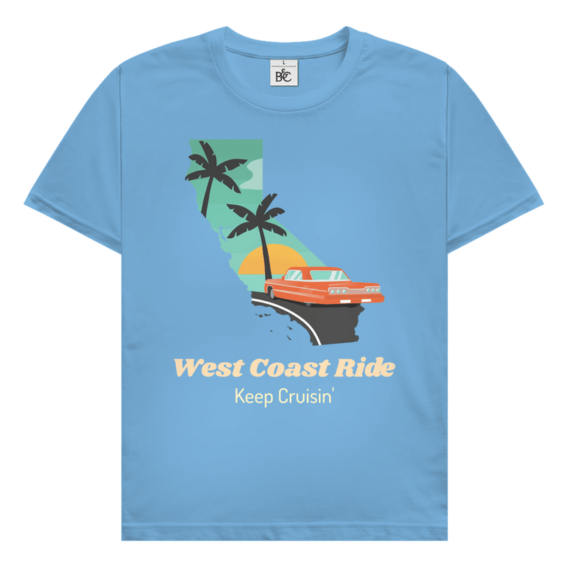 West Coast Ride Design mit Kalifornien-Silhouette, Retro Auto, Palmen und Schriftzug Keep Cruisin.