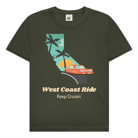 West Coast Ride Design mit Kalifornien-Silhouette, Retro Auto, Palmen und Schriftzug Keep Cruisin.
