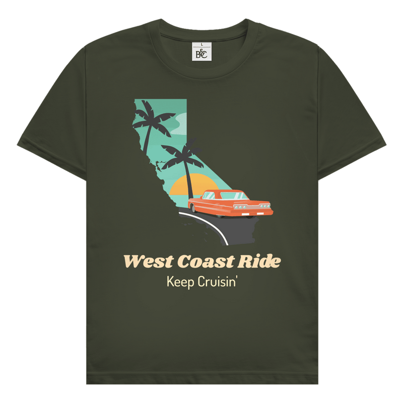 West Coast Ride Design mit Kalifornien-Silhouette, Retro Auto, Palmen und Schriftzug Keep Cruisin.