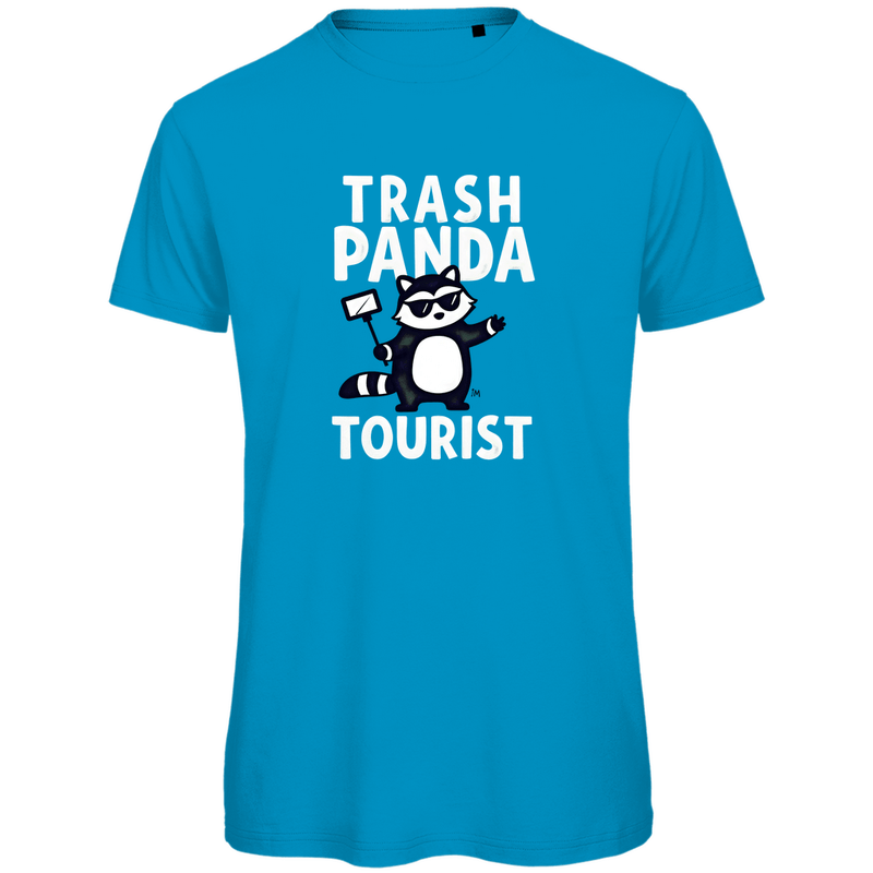 Herren Funshirt mit Selfie-Stick Panda, TRASH PANDA TOURIST. Stoff-Farbe: Atoll. Fernweh mal Lustig? travelPrint4U.de