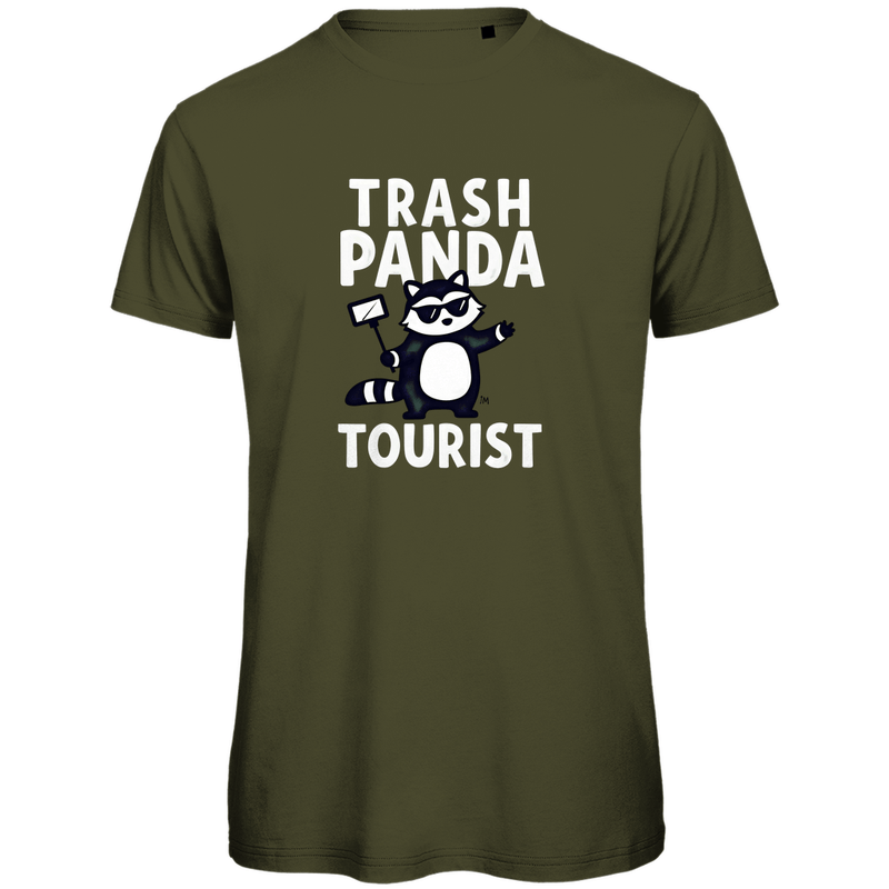 Herren Funshirt mit Selfie-Stick Panda, TRASH PANDA TOURIST. Stoff-Farbe: Khaki. Fernweh mal Lustig? travelPrint4U.de