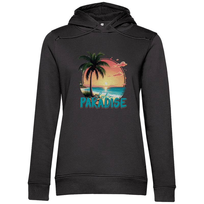 Hoodie für Damen mit farbenfrohen LOST IN PARADISE Aufdruck. Stoff-Farbe: Asphalt. Fernweh zum Anziehen? travelPrint4U.de