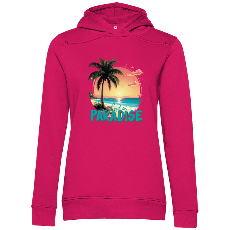 Hoodie für Damen mit farbenfrohen LOST IN PARADISE Aufdruck. Stoff-Farbe: Magenta Pink. Fernweh zum Anziehen? travelPrint4U