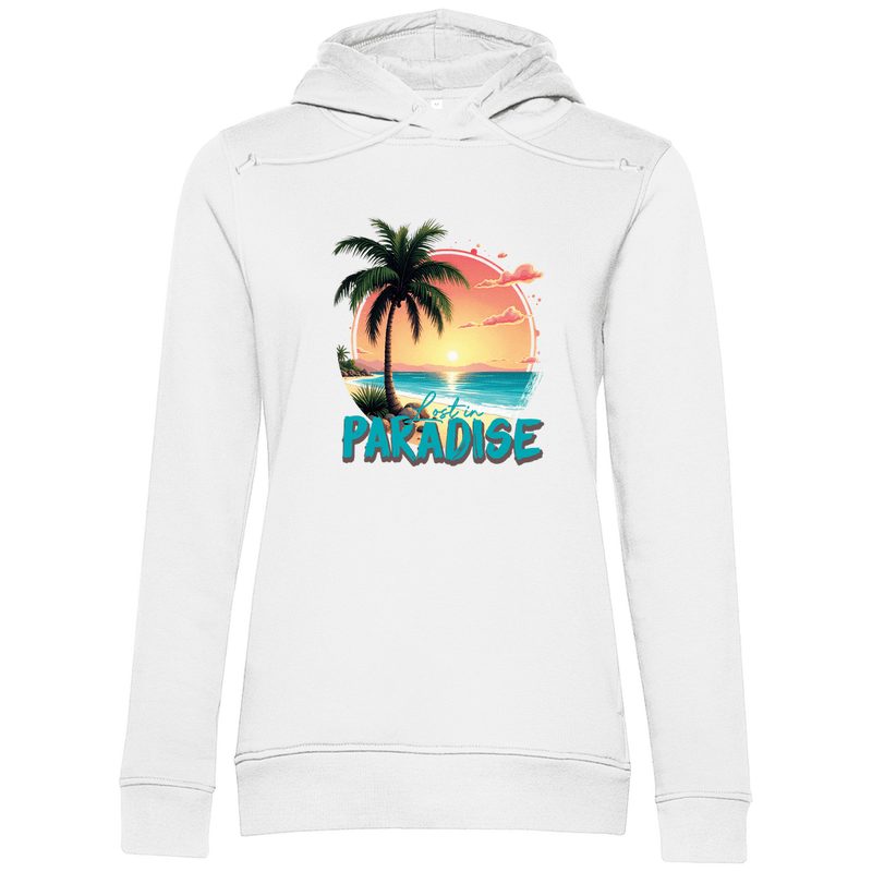 Hoodie für Damen mit farbenfrohen LOST IN PARADISE Aufdruck. Stoff-Farbe: White. Fernweh zum Anziehen? travelPrint4U.de