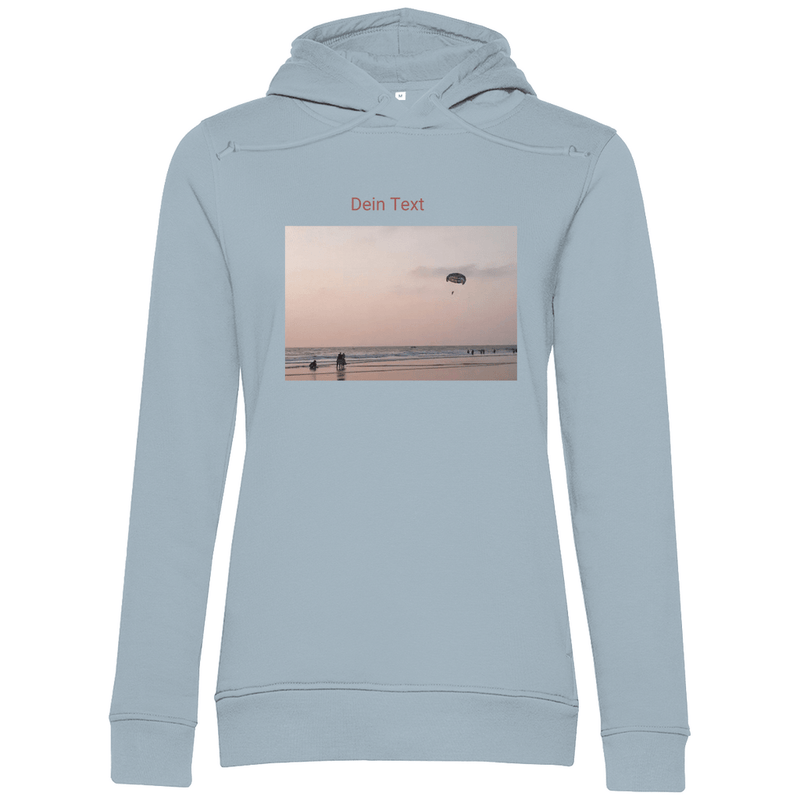 Hoodie für Damen, personalisierbar mit Foto und kurzem Text. Stoff-Farbe: Blue Fog. Fernweh zum Anziehen? travelPrint4U.de