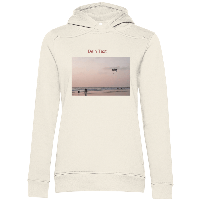 Hoodie für Damen, personalisierbar mit Foto und kurzem Text. Stoff-Farbe: Off White. Fernweh zum Anziehen? travelPrint4U.de