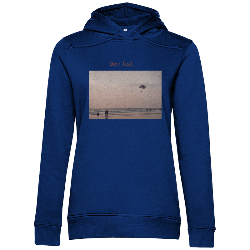 Hoodie für Damen, personalisierbar mit Foto und kurzem Text. Stoff-Farbe: Royal. Fernweh zum Anziehen? travelPrint4U.de