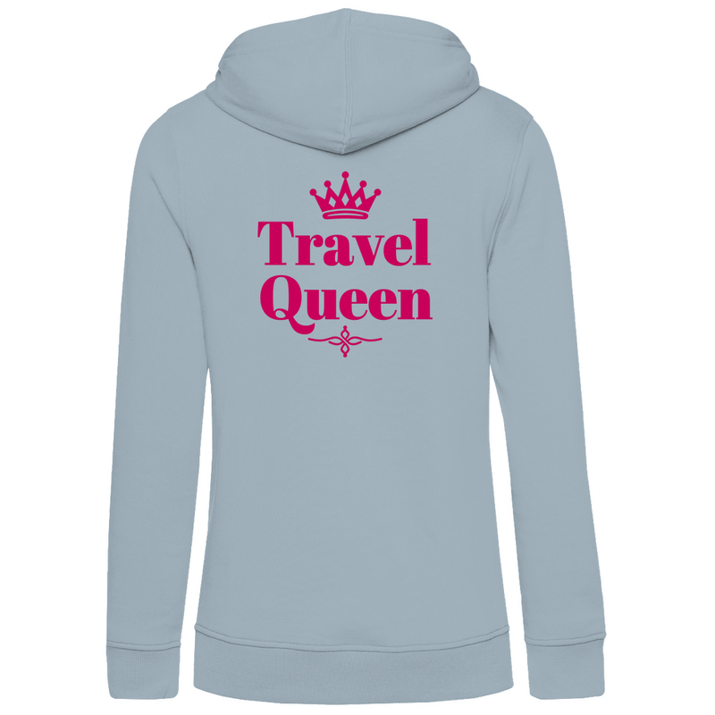 Hoodie für Damen mit Print TRAVEL QUEEN (pink). Stoff-Farbe: Blue Fog. Fernweh zum Anziehen? travelPrint4U.de