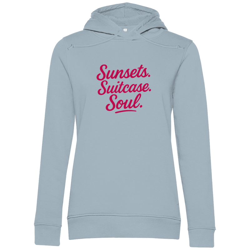 Hoodie für Damen mit Print TRAVEL QUEEN (pink). Stoff-Farbe: Blue Fog. Fernweh zum Anziehen? travelPrint4U.de