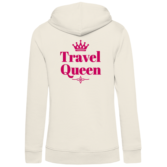 Hoodie für Damen mit Print TRAVEL QUEEN (pink). Stoff-Farbe: Off White. Fernweh zum Anziehen? travelPrint4U.de