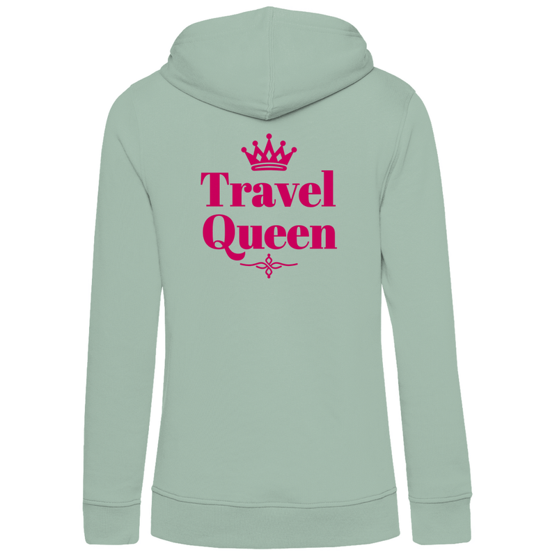 Hoodie für Damen mit Print TRAVEL QUEEN (pink). Stoff-Farbe: Sage Green. Fernweh zum Anziehen? travelPrint4U.de