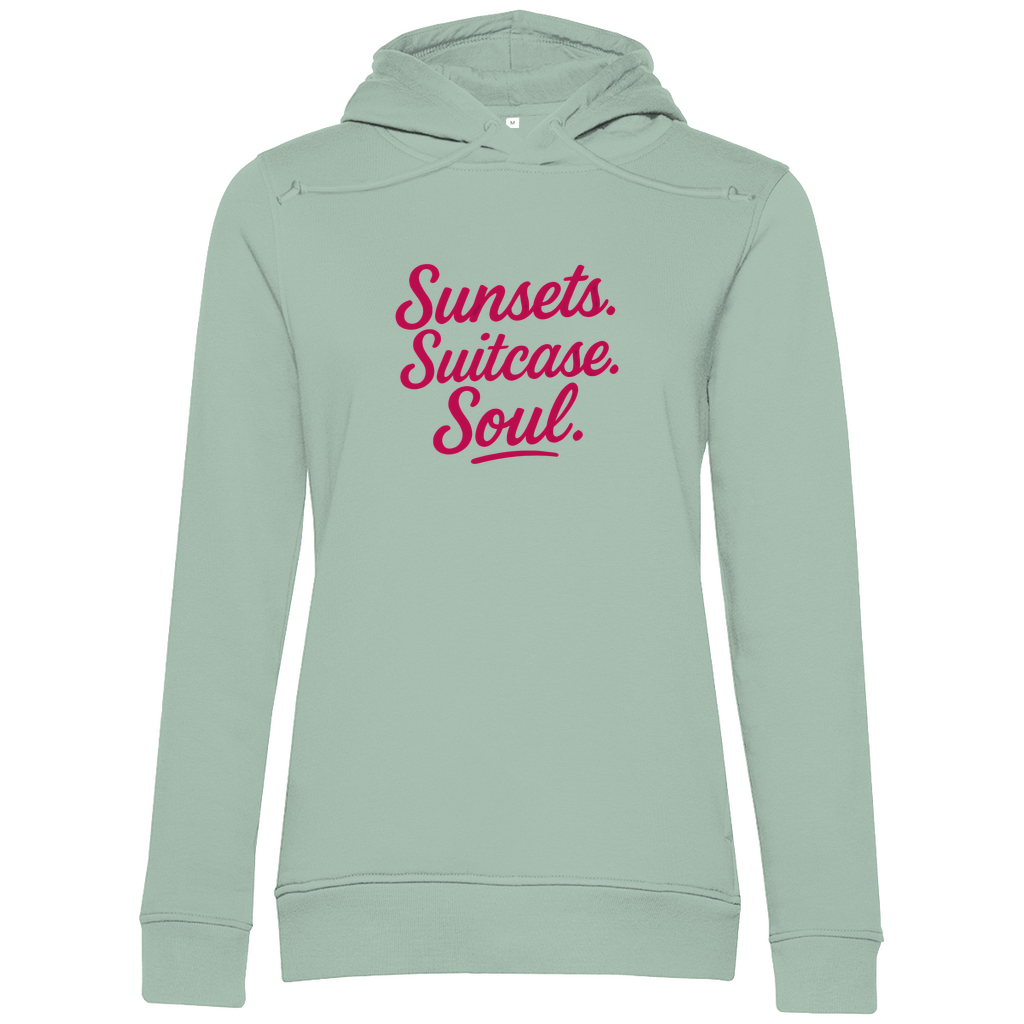 Hoodie für Damen mit Print TRAVEL QUEEN (pink). Stoff-Farbe: Sage Green. Fernweh zum Anziehen? travelPrint4U.de