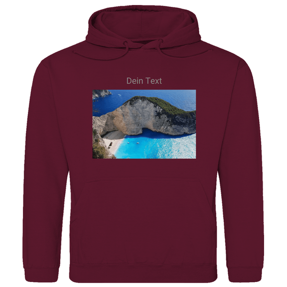 Hoodie für Herren, personalisierbar mit Foto und kurzem Text. Stoff-Farbe: Burgund. Fernweh zum Anziehen? travelPrint4U.de
