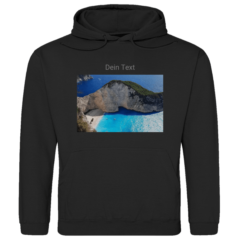 Hoodie für Herren, personalisierbar mit Foto und kurzem Text. Stoff-Farbe: Jet Black. Fernweh zum Anziehen? travelPrint4U.de
