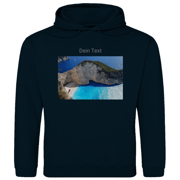 Hoodie für Herren, personalisierbar mit Foto und Text. Stoff-Farbe: New French Navy. Fernweh zum Anziehen? travelPrint4U.de