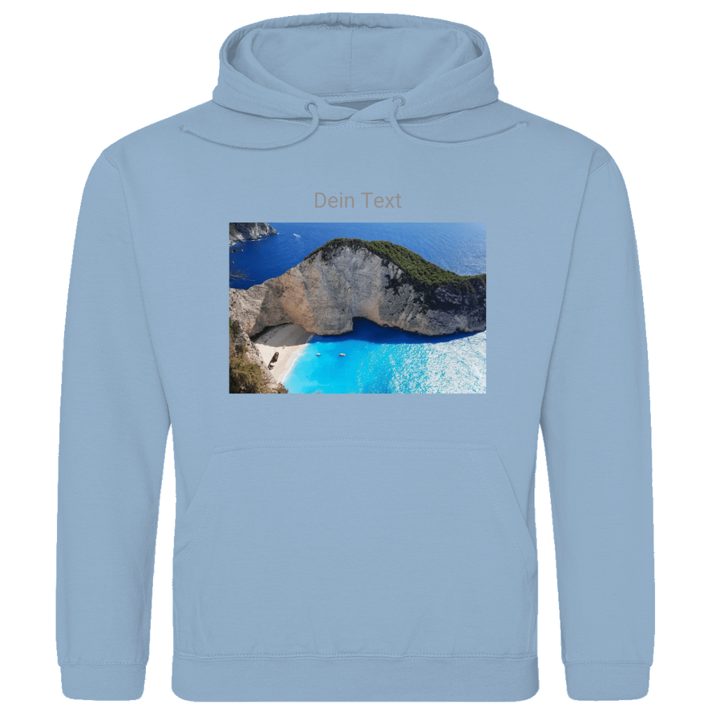 Hoodie für Herren, personalisierbar mit Foto und Text. Stoff-Farbe: Sky Blue. Fernweh zum Anziehen? travelPrint4U.de