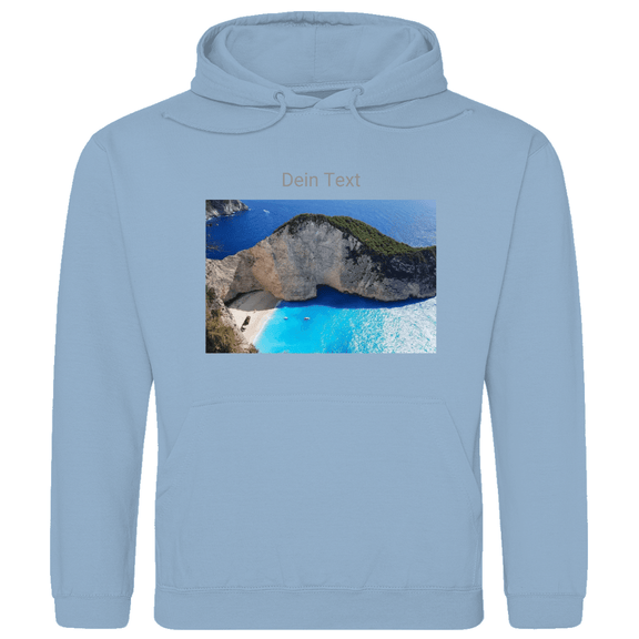 Hoodie für Herren, personalisierbar mit Foto und Text. Stoff-Farbe: Sky Blue. Fernweh zum Anziehen? travelPrint4U.de