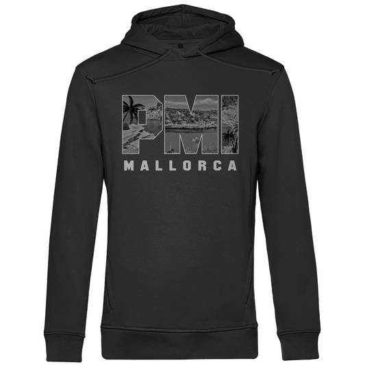 Kapuzen Pullover für Herren mit PMI Airport Code Mallorca. Farbe Asphalt. Fernweh zum Anziehen von travelPrint4U.de