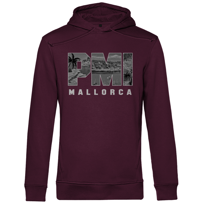 Kapuzen Pullover für Herren mit PMI Airport Code Mallorca. Farbe Burgund. Fernweh zum Anziehen von travelPrint4U.de