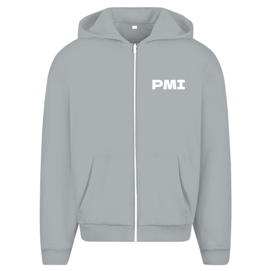 Kapuzenjacke für Herren (Light Asphalt) mit PMI Airport Code Mallorca. 2seitiges Design. Fernweh zum Anziehen? travelPrint4U