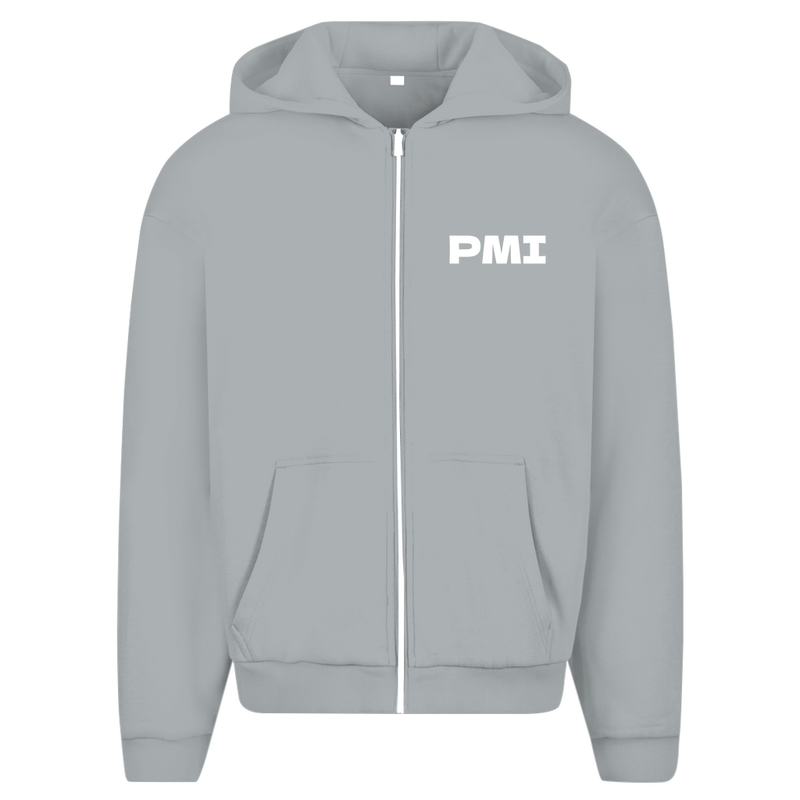 Kapuzenjacke für Herren (Light Asphalt) mit PMI Airport Code Mallorca. 2seitiges Design. Fernweh zum Anziehen? travelPrint4U