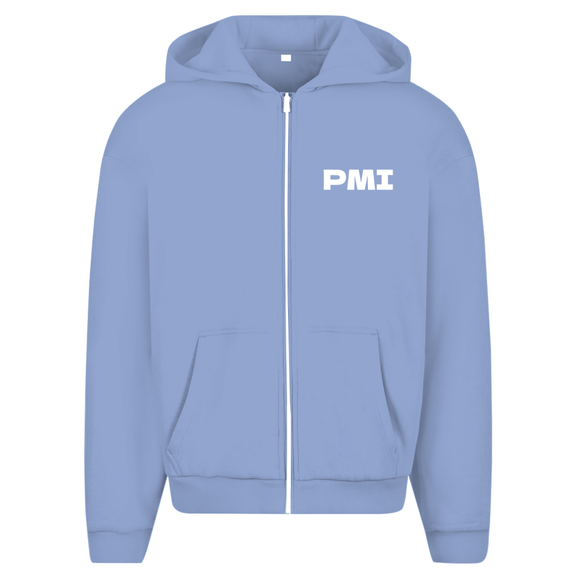 Kapuzenjacke für Herren (Powder Blue) mit PMI Airport Code Mallorca. 2seitiges Design. Fernweh zum Anziehen? travelPrint4U.de
