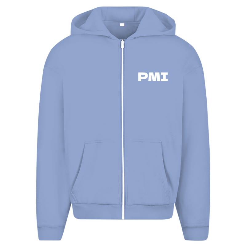Kapuzenjacke für Herren (Powder Blue) mit PMI Airport Code Mallorca. 2seitiges Design. Fernweh zum Anziehen? travelPrint4U.de