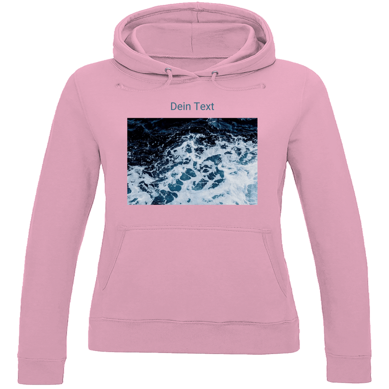 Kapuzenpulli für Damen, personalisierbar mit Foto und Text. Stoff-Farbe: Baby Pink. Fernweh zum Anziehen? travelPrint4U.de