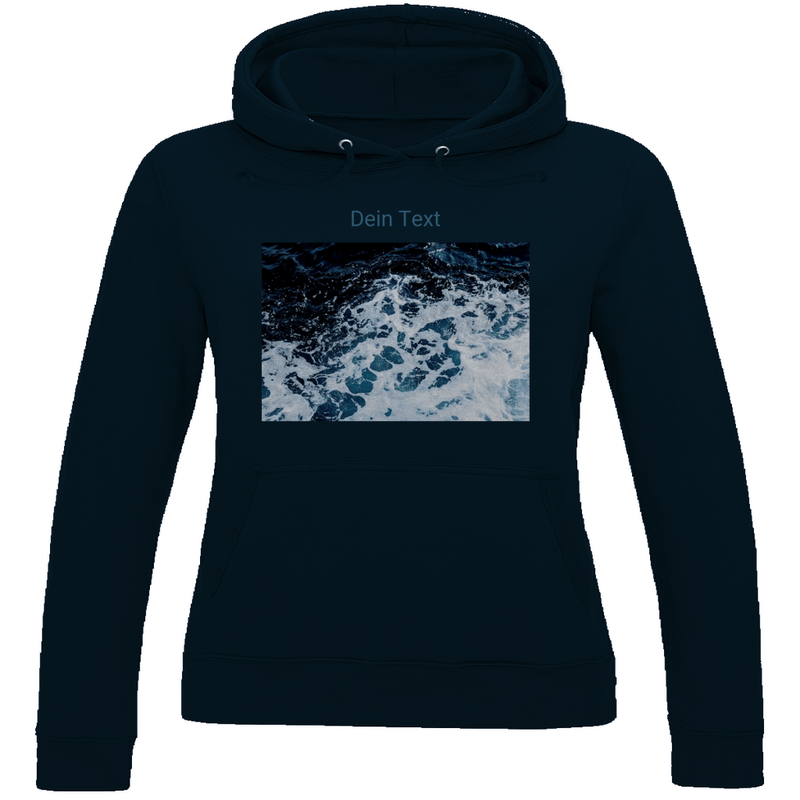 Kapuzenpulli für Damen, personalisierbar mit Foto und Text. Stoff-Farbe: New French Navy. Fernweh zum Anziehen? travelPrint4U