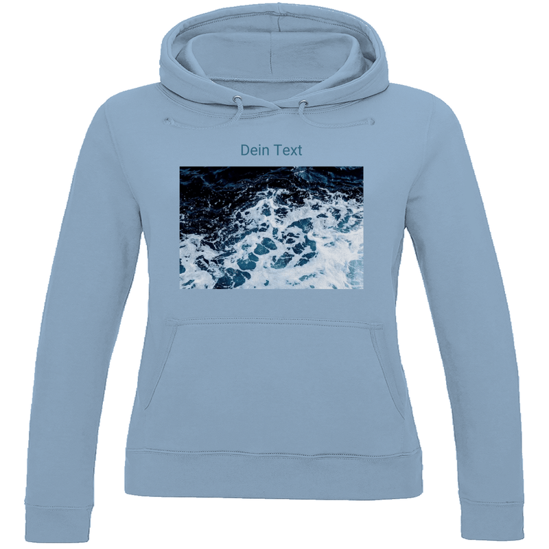 Kapuzenpulli für Damen, personalisierbar mit Foto und Text. Stoff-Farbe: Sky Blue. Fernweh zum Anziehen? travelPrint4U.de